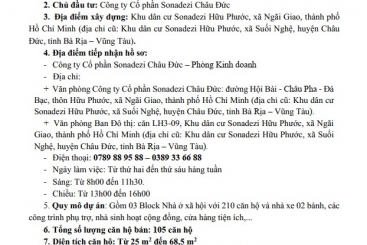 CÔNG TY CP SONADEZI CHÂU ĐỨC CÔNG BỐ THÔNG TIN VỀ VIỆC BÁN NHÀ Ở XÃ HỘI (GIAI ĐOẠN 1) - KHU DÂN CƯ SONADEZI HỮU PHƯỚC TẠI XÃ NGÃI GIAO, TP. HCM