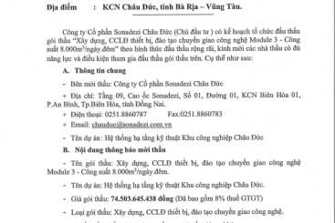 Công ty CP Sonadezi Châu Đức thông báo mời thầu