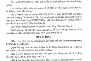 Ban hành Quy chế bảo vệ môi trường trong khu công nghiệp Châu Đức – theo Quyết định số 196.2024/QĐ-SZC-DA ngày 22/08/2024