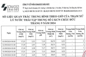 Công khai kết quả quan trắc chất thải tự động, liên tục - định kỳ tại KCN Châu Đức tháng 9 năm 2024.